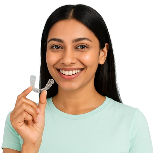 Woman holding clear dental aligner - D4K Dentistry Kerala